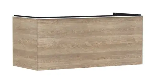 Waschtischunterschrank mit Holzoberfläche in Eichenoptik, ausgestattet mit einem Schubkasten. Teil der Hansgrohe Xelu-Serie für Konsolen-Aufsatzwaschtische.